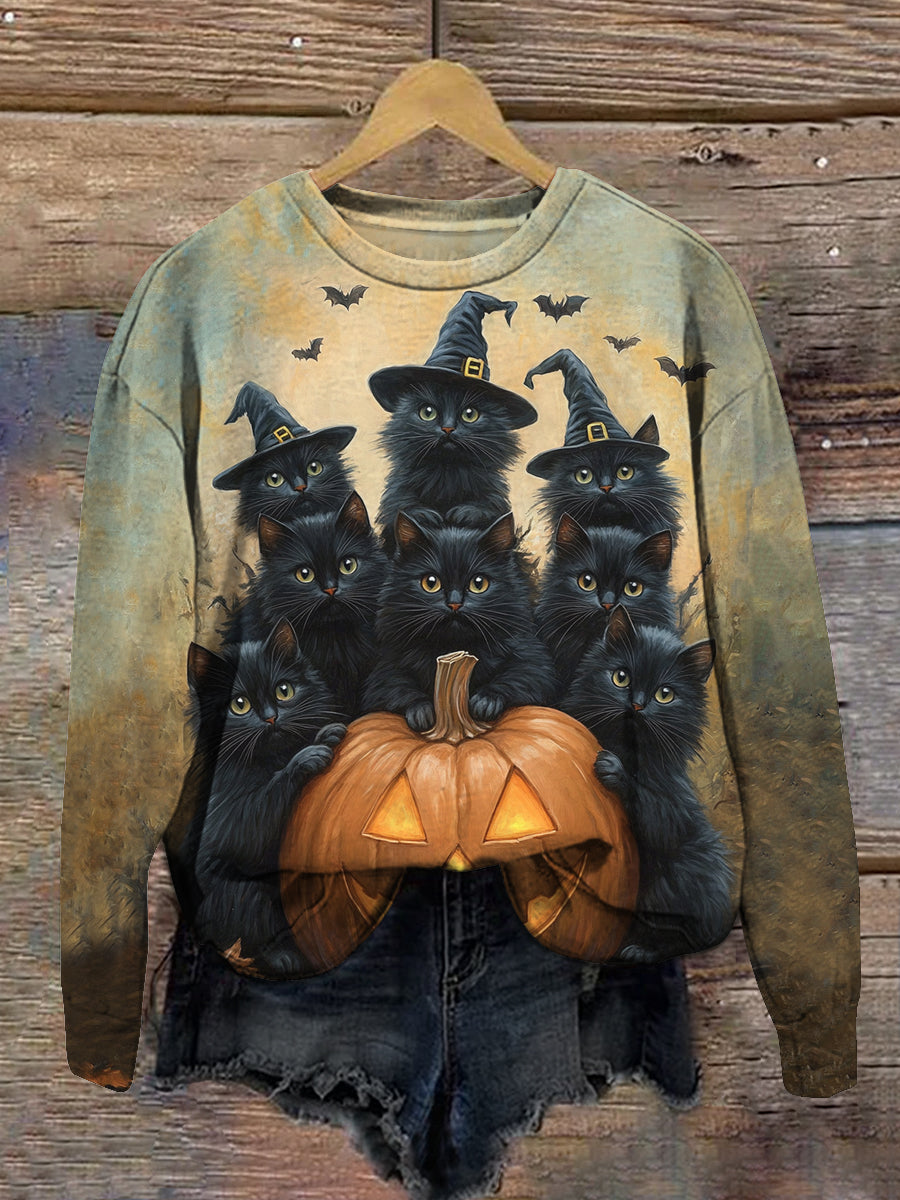 Black Cat Wizard Art Print Unisex Crew Neck Long Sleeve Casual Sweatshirt