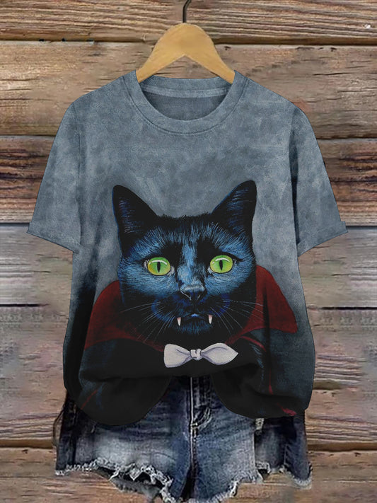 Black Cat Art Print Unisex Crew Neck Short Sleeve Casual T-Shirt