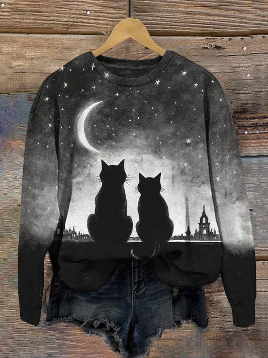 Cat Art Print Unisex Crew Neck Long Sleeve Casual Sweatshirt