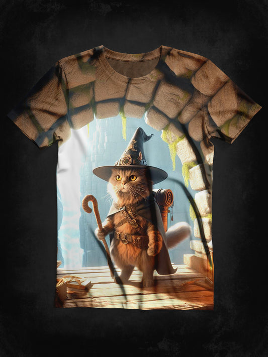 Cat Wizard Art Print Unisex Round Neck Short Sleeve Casual T-Shirt