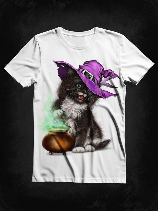 Cat Wizard Art Print Unisex Round Neck Short Sleeve Casual T-Shirt