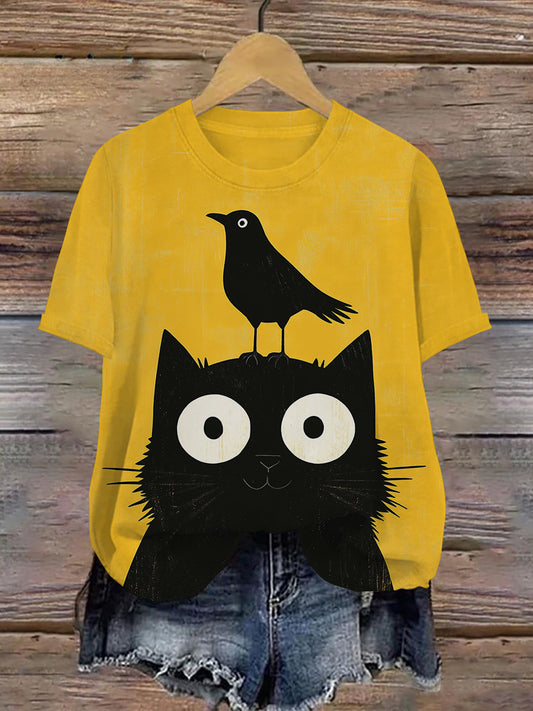 Black Cat and Crow Art Print Unisex Round Neck Short Sleeve Casual T-Shirt