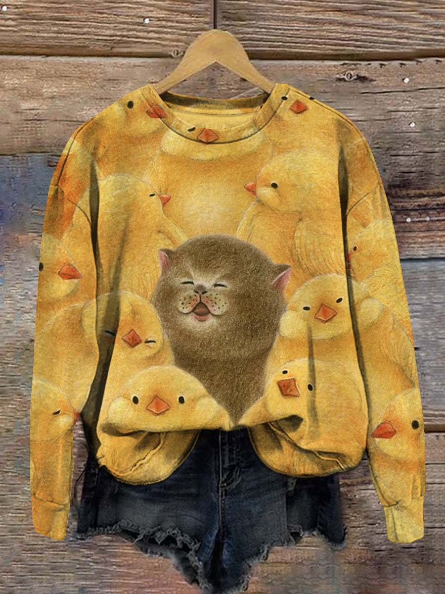 Cat and Chicken Art Print Unisex Crew Neck Long Sleeve Casual Sweatshirt