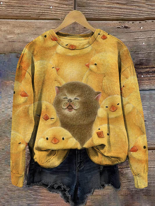 Cat and Chicken Art Print Unisex Crew Neck Long Sleeve Casual Sweatshirt