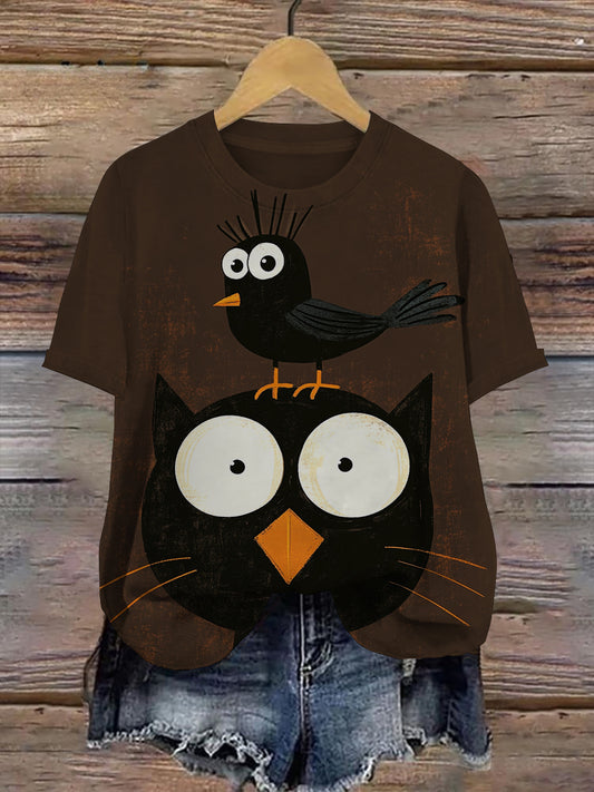 Funny Cat and Raven Art Print Unisex Crew Neck Short Sleeve Casual T-Shirt