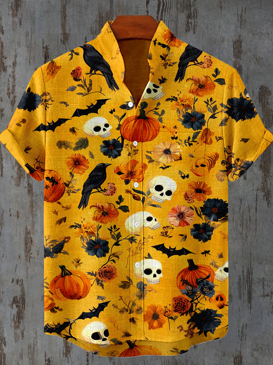 Raven Skull Floral Art Print Short Sleeve Casual Shirt