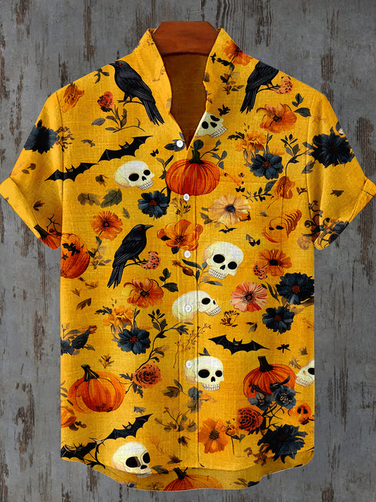 Raven Skull Floral Art Print Short Sleeve Casual Shirt