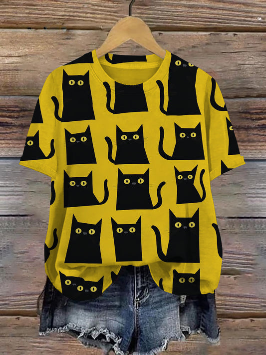 Funny Cat Art Print Unisex Crew Neck Short Sleeve Casual T-Shirt