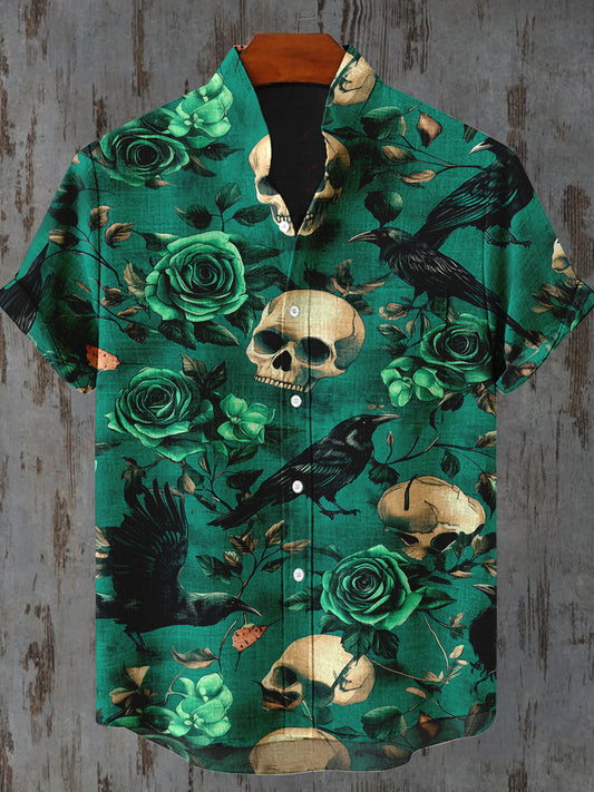 Raven Skull Floral Art Print Short Sleeve Casual Shirt