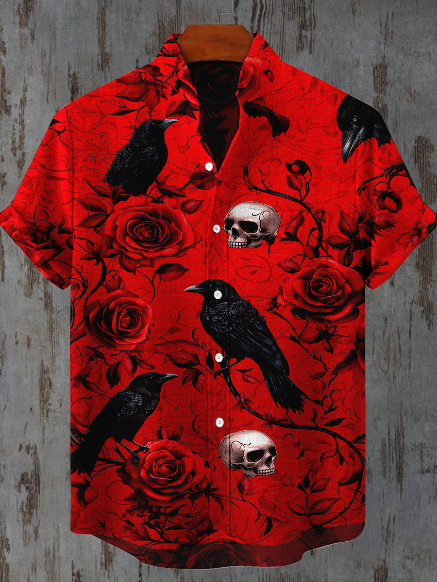 Raven Floral Skull Art Print Short Sleeve Casual Shirt