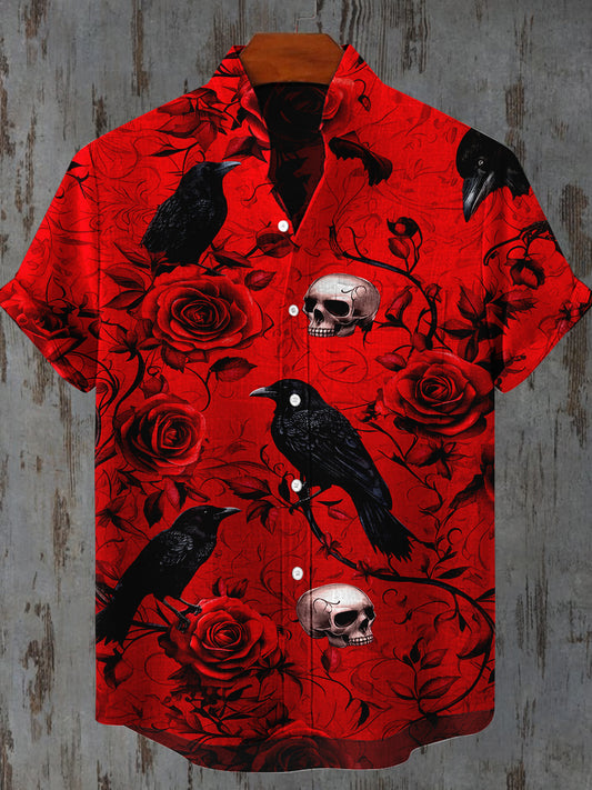 Raven Floral Skull Art Print Short Sleeve Casual Shirt