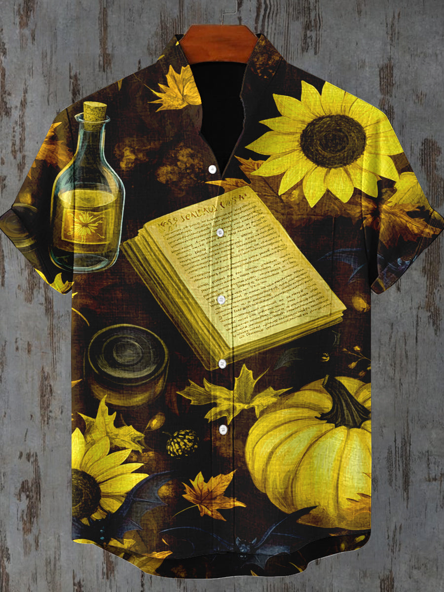 Sunflower Pumpkin Bat Art Print Short Sleeve Casual Shirt