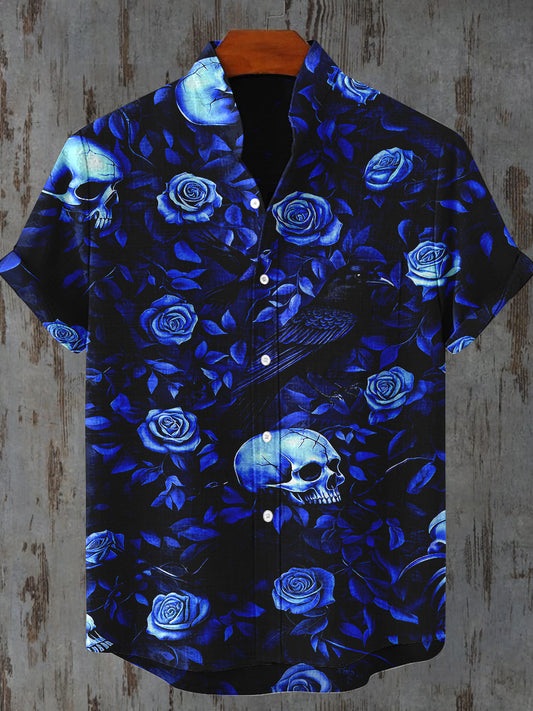 Raven Floral Art Print Short Sleeve Casual Shirt