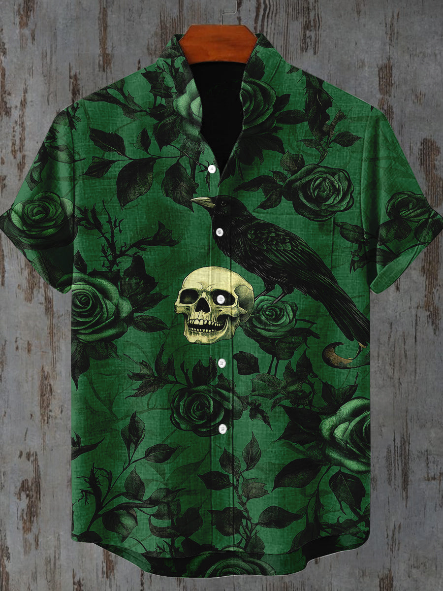 Raven Skull Floral Art Print Short Sleeve Casual Shirt