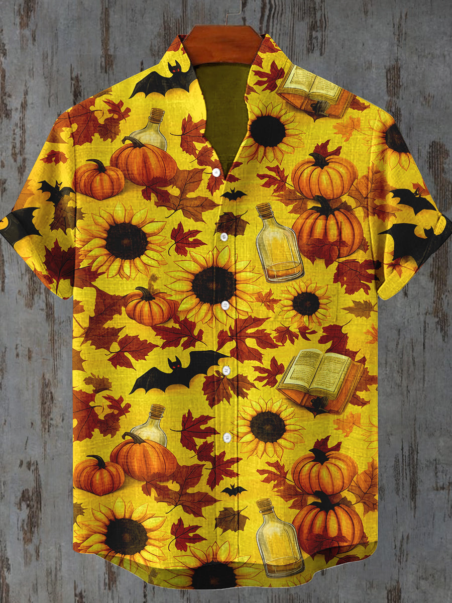 Sunflower Pumpkin Bat Art Print Short Sleeve Casual Shirt