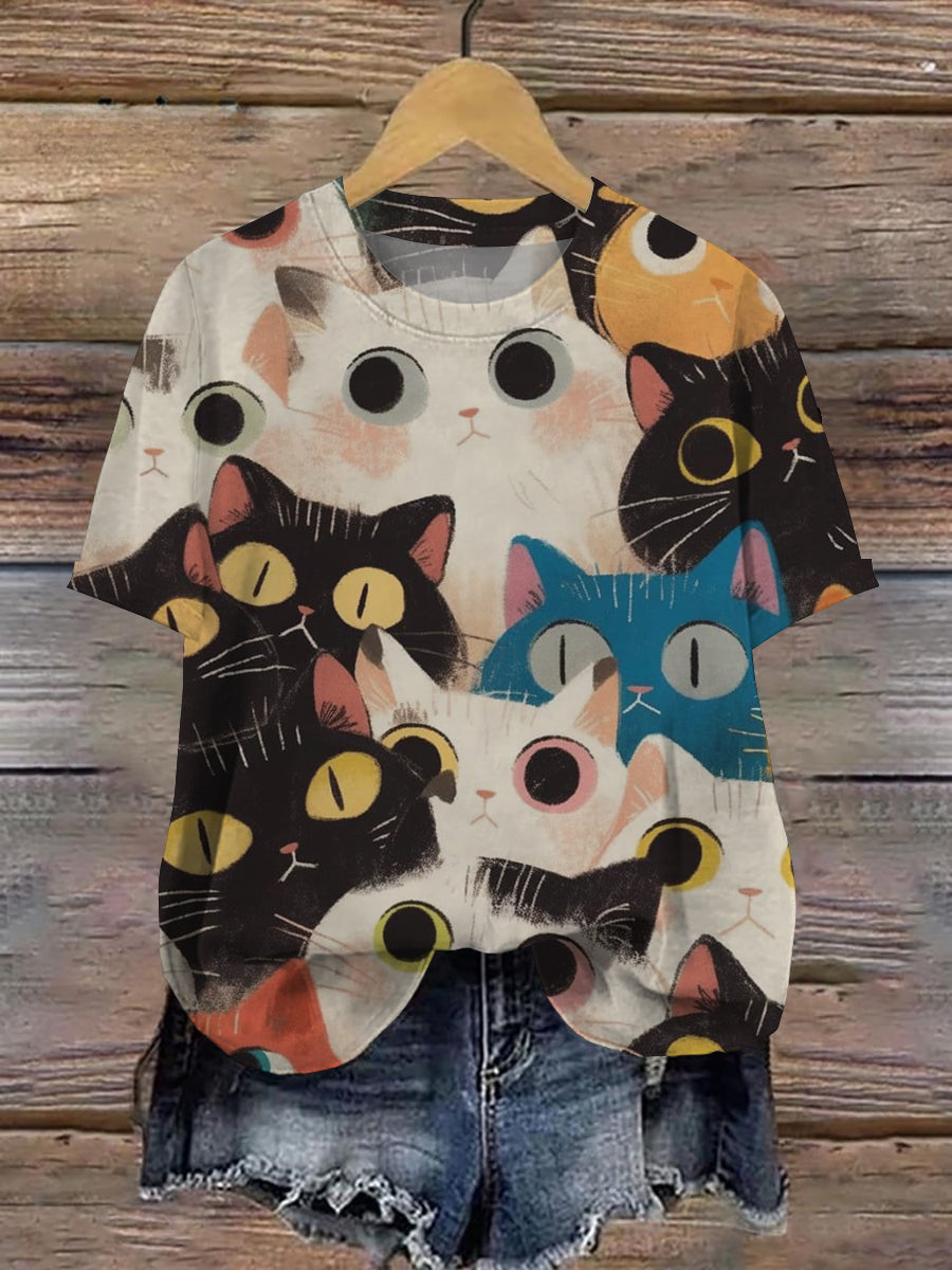 Funny Cat Art Print Unisex Crew Neck Short Sleeve Casual T-Shirt