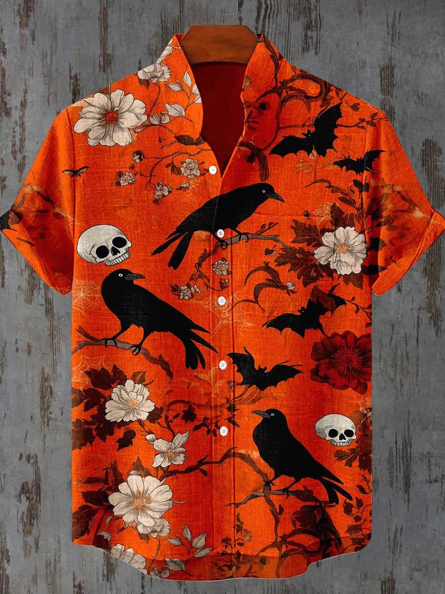 Raven Skull Floral Art Print Short Sleeve Casual Shirt