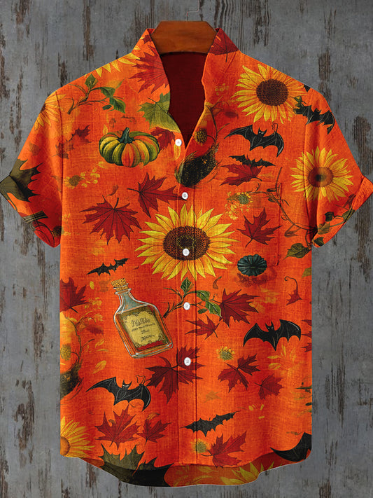 Sunflower Pumpkin Bat Magic Potion Art Print Short Sleeve Casual Shirt