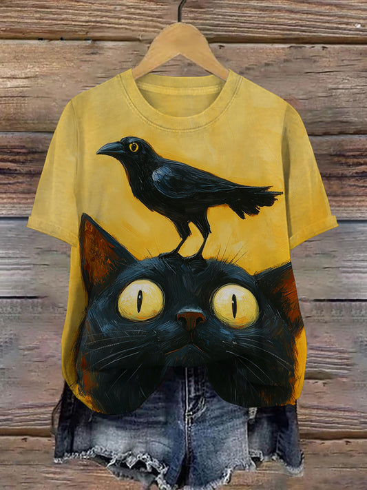 Funny Cat and Raven Art Print Unisex Crew Neck Short Sleeve Casual T-Shirt