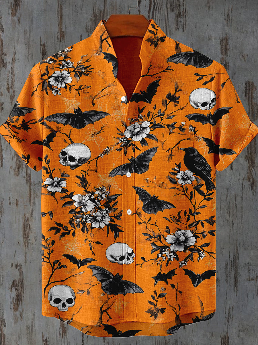 Raven Skull Floral Art Print Short Sleeve Casual Shirt