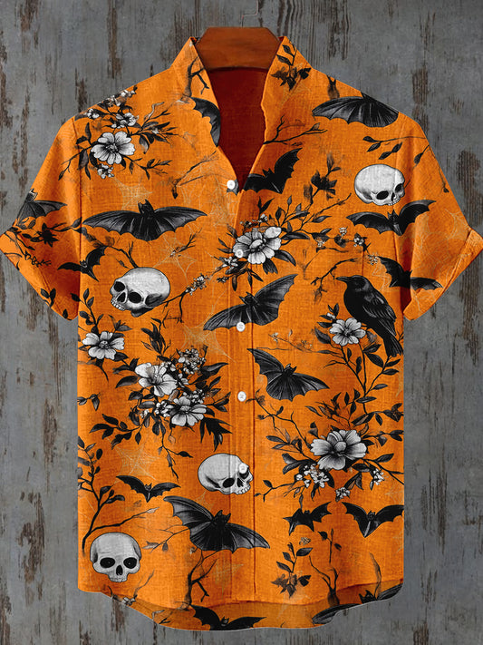 Raven Skull Floral Art Print Short Sleeve Casual Shirt