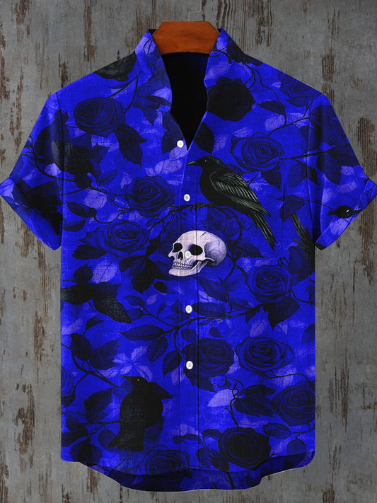 Blue Rose Crow Skull Art Print Short Sleeve Casual Shirt