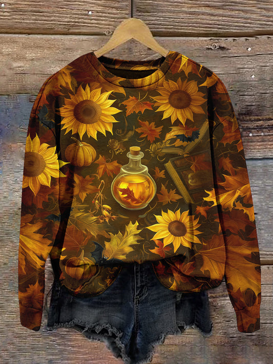 Sunflower Maple Leaf Plant Art Print Unisex Round Neck Long Sleeve Casual Sweatshirt