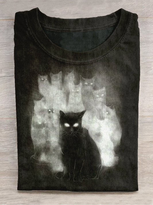 Magic Black Cat Art Shirt Printed Round Neck Short Sleeve Casual T-Shirt