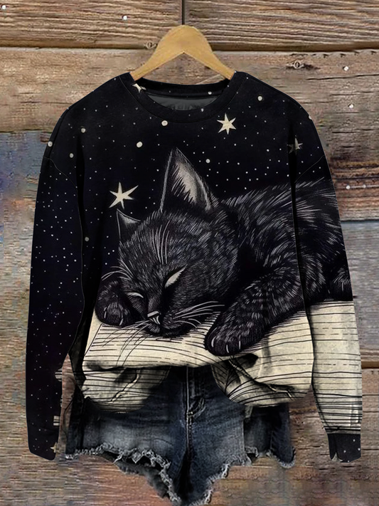 Magic Black Cat Art Shirt Printed Round Neck Long Sleeve Casual Sweatshirt