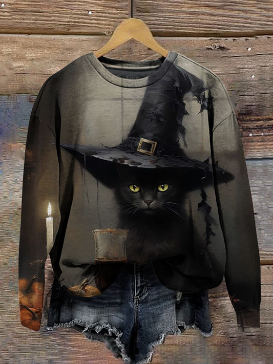 Magic Black Cat Art Shirt Printed Round Neck Long Sleeve Casual Sweatshirt