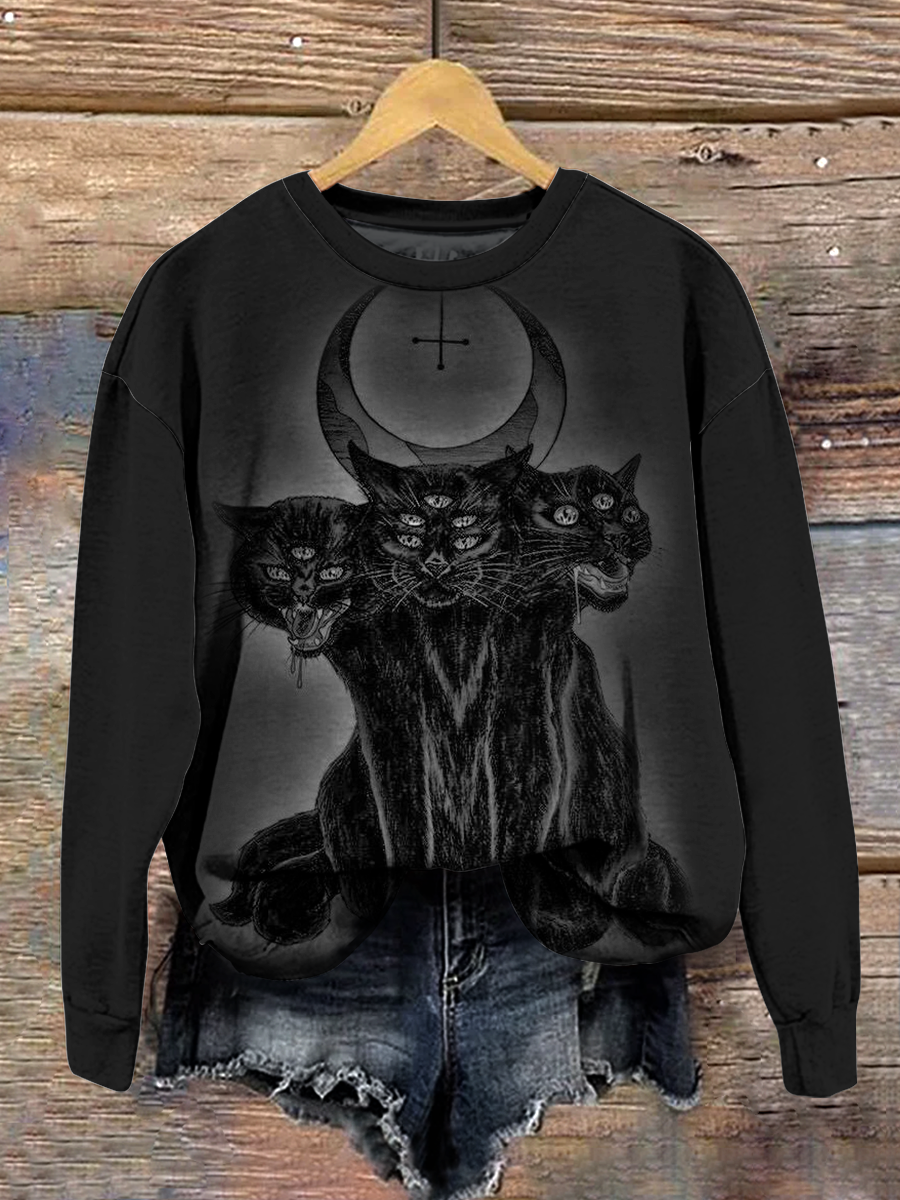 Magic Black Cat Art Shirt Printed Round Neck Long Sleeve Casual Sweatshirt