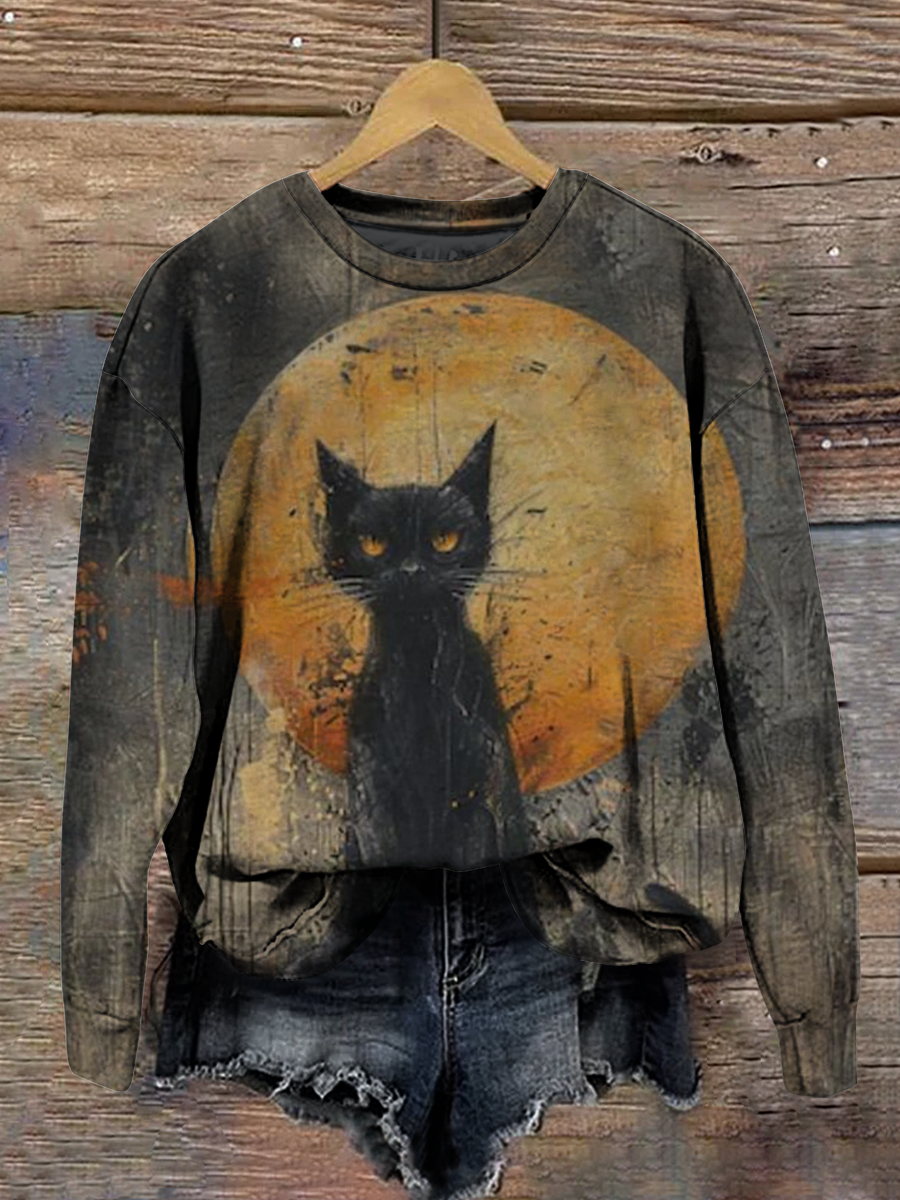 Magic Black Cat Art Shirt Printed Round Neck Long Sleeve Casual Sweatshirt