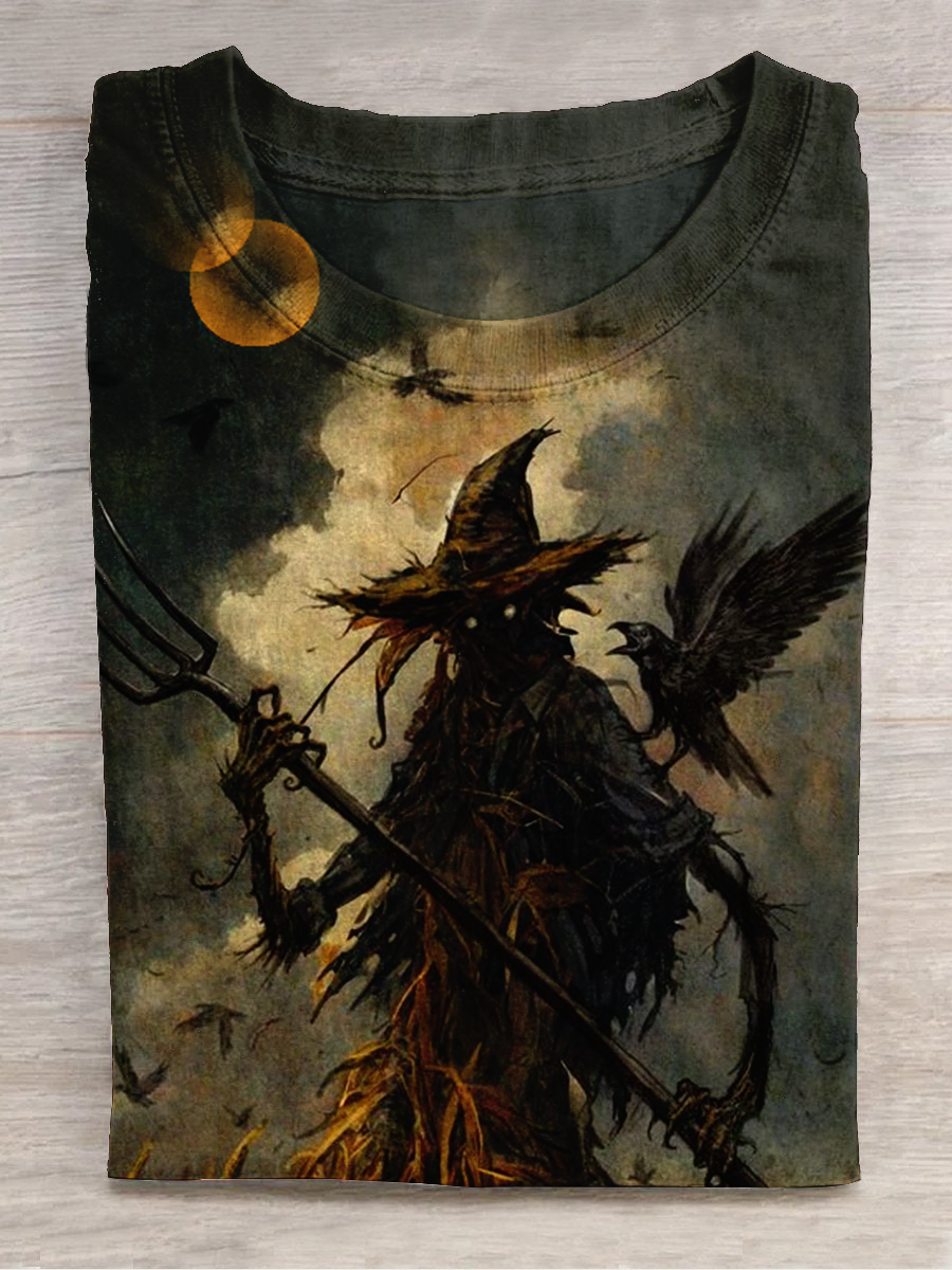 Magic Scarecrow Art Shirt Printed Round Neck Short Sleeve Casual T-Shirt