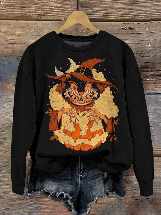 Magic Black Cat Art Shirt Printed Round Neck Long Sleeve Casual Sweatshirt