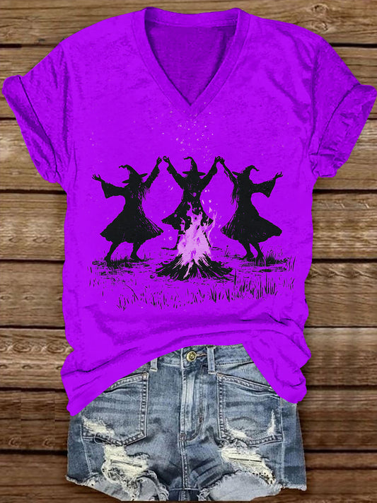 Witch Bonfire Ceremony Dance Art Print Unisex V-neck Short Sleeve Casual T-shirt