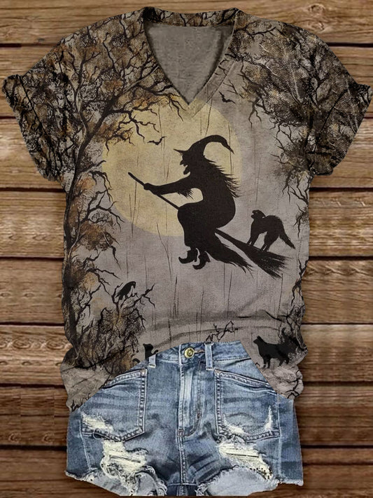 Witch Art Print Unisex V-Neck Short Sleeve Casual T-Shirt