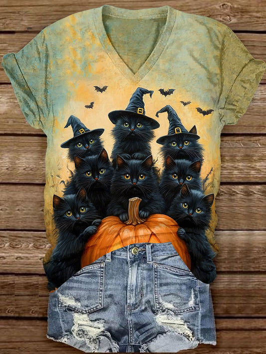 Black Cat Wizard Art Print Unisex V-Neck Short Sleeve Casual T-Shirt