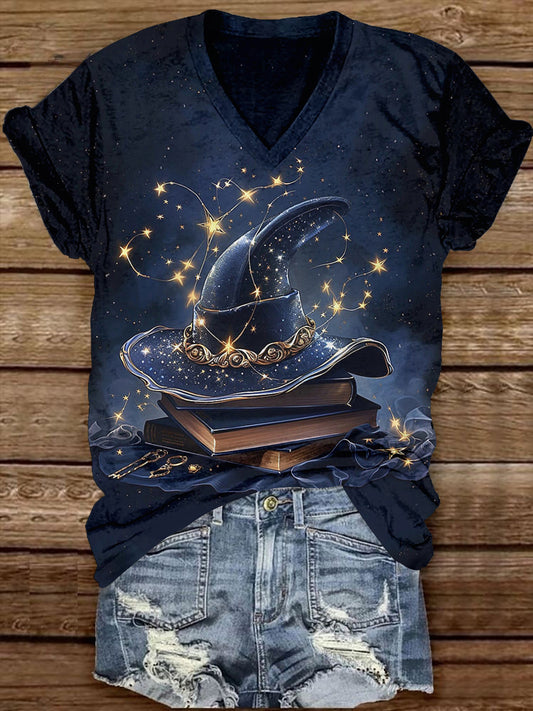 Witch Magic Book Art Print Unisex V-Neck Short Sleeve Casual T-Shirt