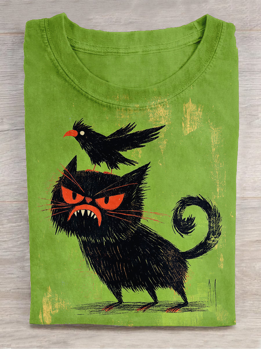 Cat and Raven Art Print Unisex Crew Neck Short Sleeve Casual T-Shirt