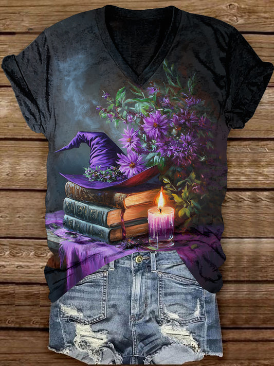 Witch Magic Book Art Print Unisex V-Neck Short Sleeve Casual T-Shirt