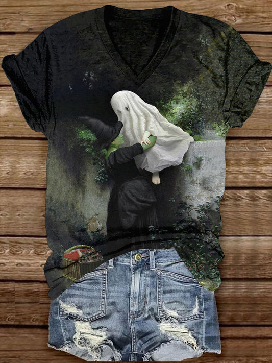 Witch Art Print Unisex V-Neck Short Sleeve Casual T-Shirt