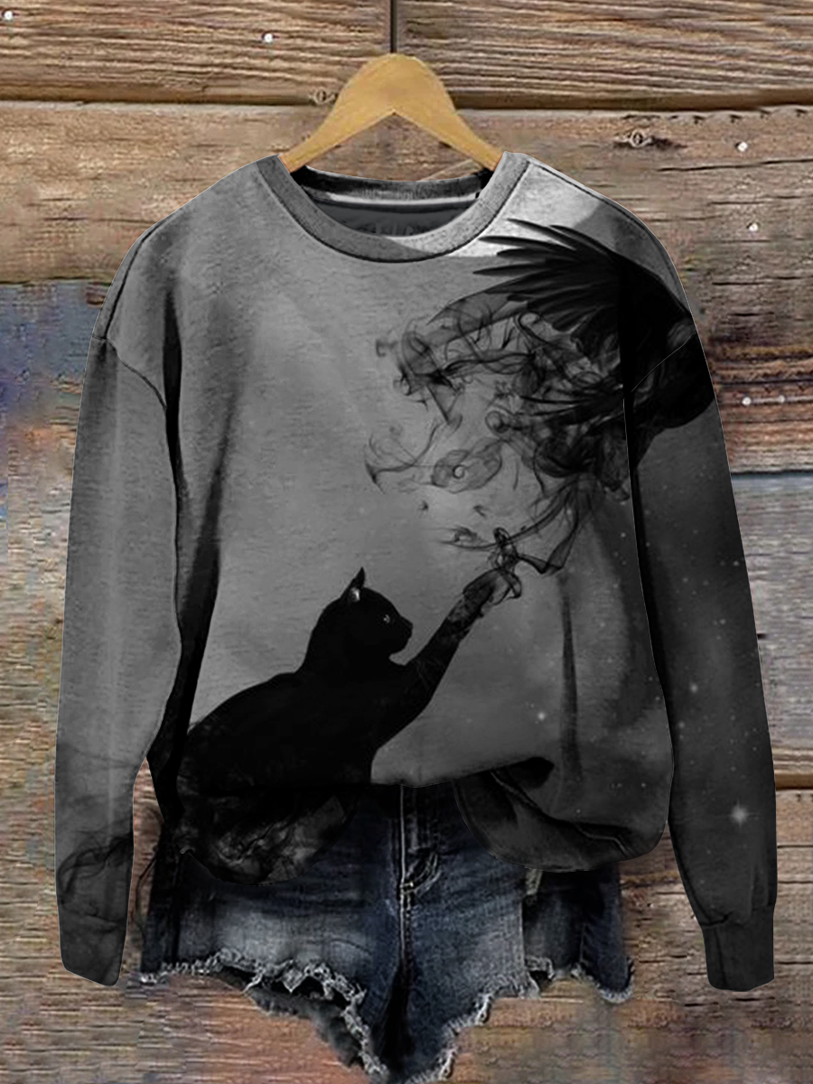 Magic Black Cat Art Shirt Printed Round Neck Long Sleeve Casual Sweatshirt