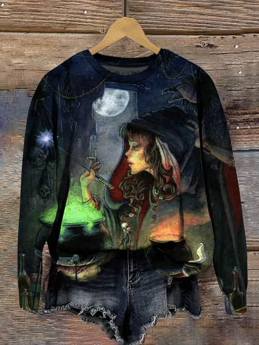 Wizard Witch Magic Hat Art Shirt Printed Round Neck Long Sleeve Casual Sweatshirt