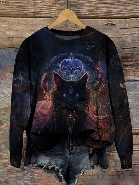 Magic Black Cat Art Shirt Printed Round Neck Long Sleeve Casual Sweatshirt