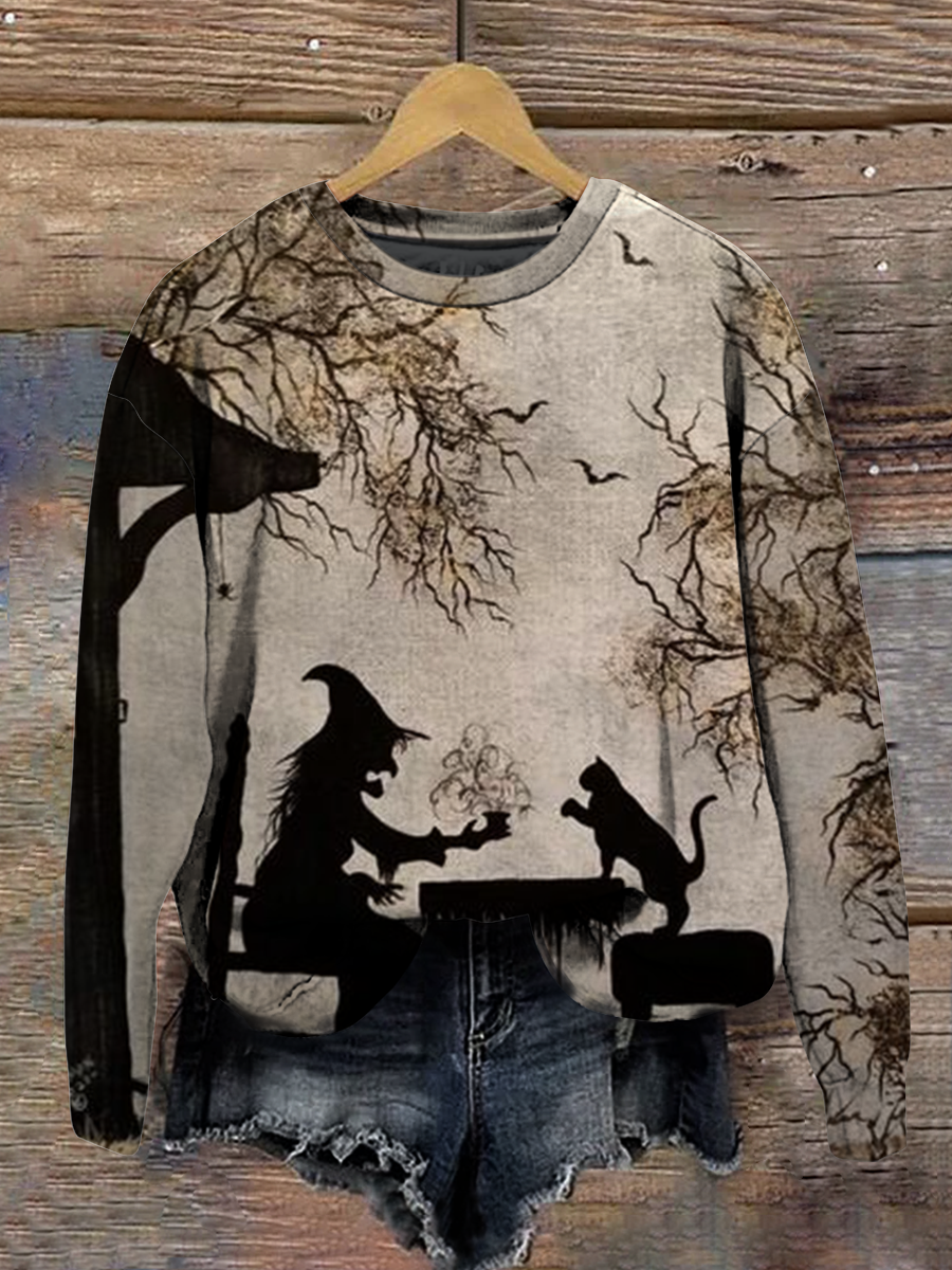 Magic Black Cat Art Shirt Printed Round Neck Long Sleeve Casual Sweatshirt