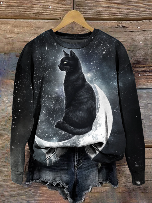 Magic Black Cat Art Shirt Printed Round Neck Long Sleeve Casual Sweatshirt