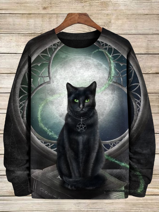 Magic Black Cat Art Shirt Printed Round Neck Long Sleeve Casual Sweatshirt