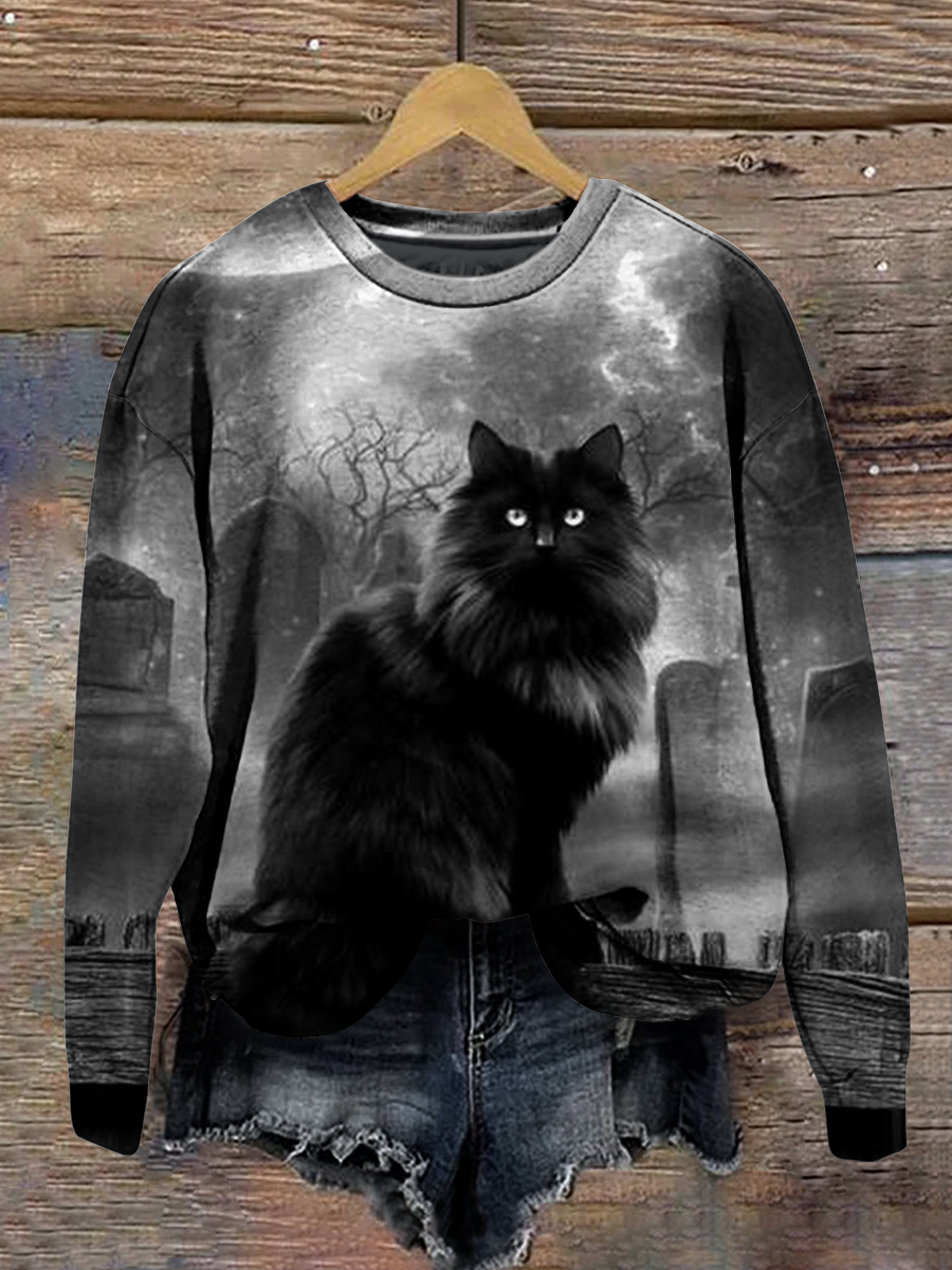 Magic Black Cat Art Shirt Printed Round Neck Long Sleeve Casual Sweatshirt