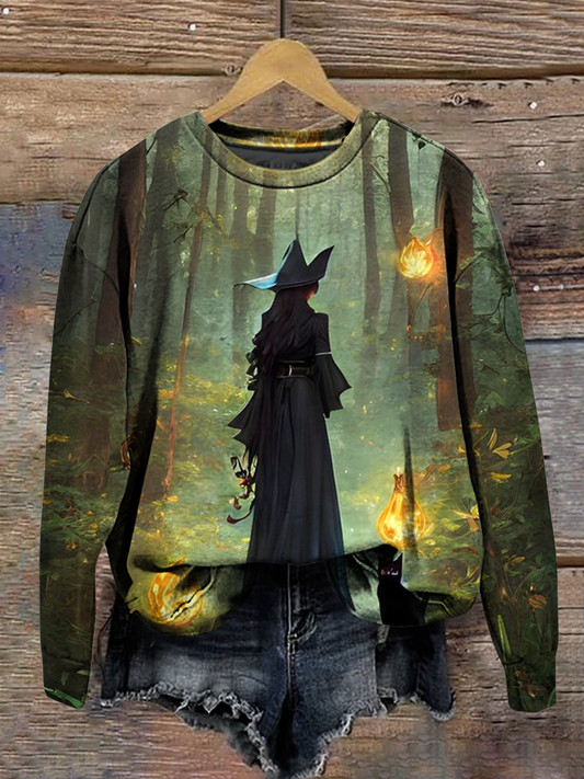 Wizard Witch Magic Hat Art Shirt Printed Round Neck Long Sleeve Casual Sweatshirt