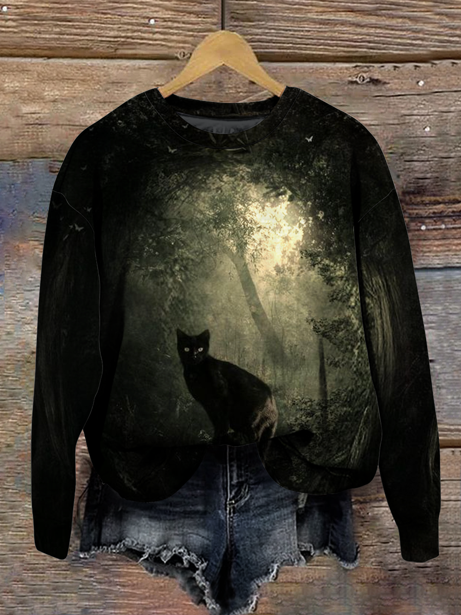 Magic Black Cat Art Shirt Printed Round Neck Long Sleeve Casual Sweatshirt